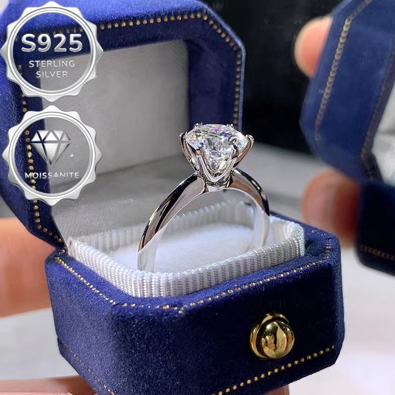 TEMU Elegant S925 Silver Ring Set, Containing 2.0 Carats Of Moissanite, Featuring 6 Claw Women's Ring Design, Fashionable, Minimalist, And Luxurious.