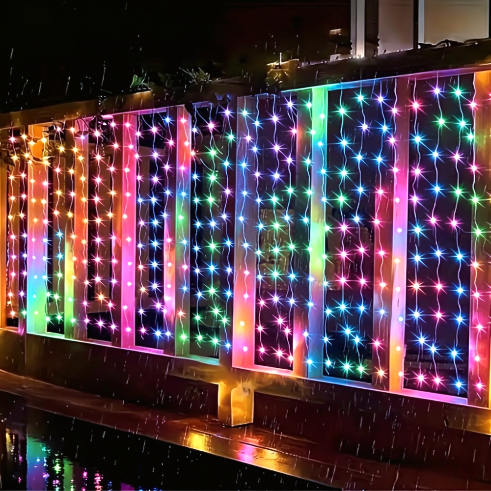 TEMU Solar Curtain Light, 118inch * 118inch Outdoor Decorative Waterfall Light, 8 Lighting , Ip65 Waterproof Rating, Solar Panel, With 300 Led Beads,