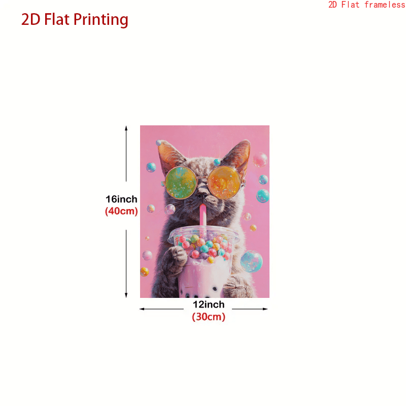 TEMU 2d Flat, 2d Flat Posters 1pc Canvas Painting, Cat Wearing Fashion Glasses Holding Bubble Tea Scene Decorative Art, Pink Background, Vintage Oil