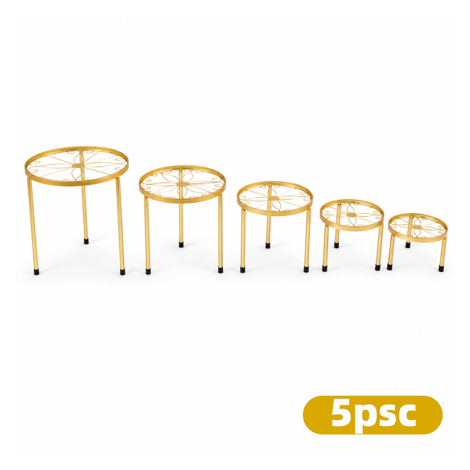 Image of Set Of 5 Golden Metal Plant Stands, Rust-resistant Round, Heavy-duty, Multifunctional, Suitable For Indoor And Outdoor Use, Ideal For Decorating Living Rooms, , Gardens, And Other Settings