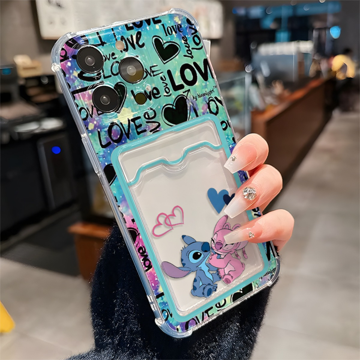 1pc Disney Series with Card Slot Protection Mobile Phone Case The Theme Is Stitch Disney Character Cute Adorable Blue Alien Suitable for Iphone 16 15 14 13 12 11 Pro Promax Plustpu Materialcute Cartoon Design Perfect
