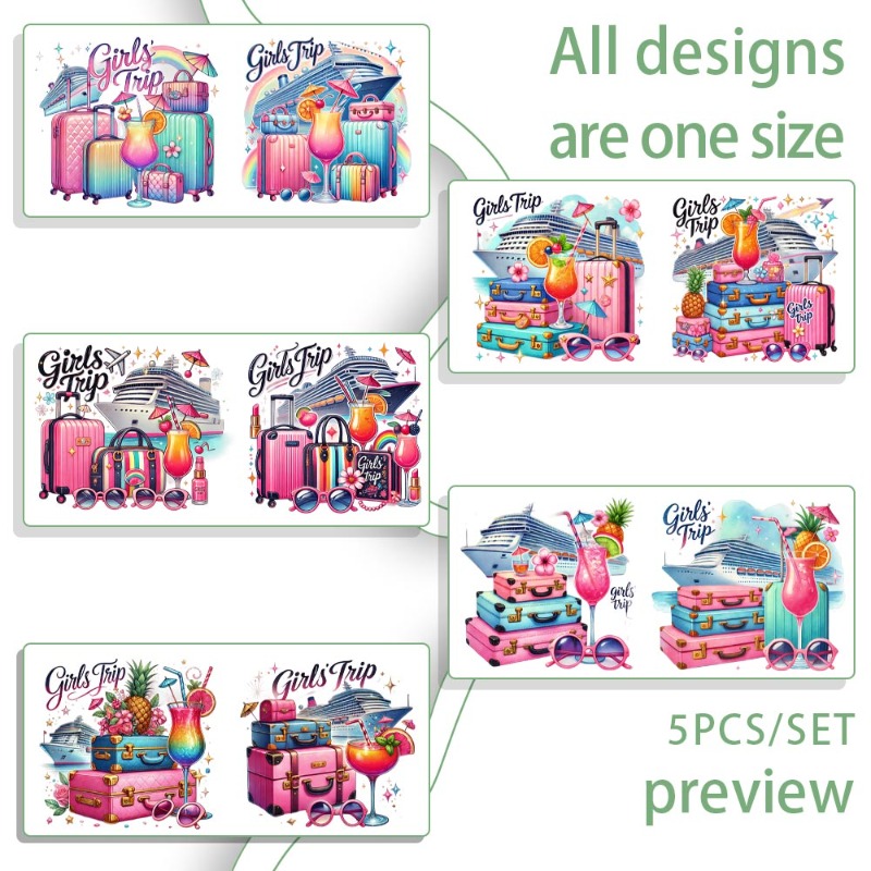 TEMU 5pcs Vibrant Summer Travel-themed 16oz Glass Jar Wraps - Durable Vinyl Transfer Paper With Colorful Suitcases, Flamingos & Tropical Designs - Uv