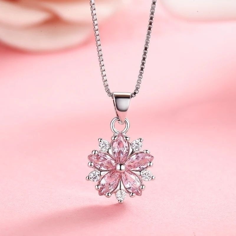 TEMU 1pc S925 Sterling Silver Pink Moissanite Pendant Necklace, Flower Pendant Clavicle Chain, Daily Wear, Suitable As Anniversary, Valentine's Day,