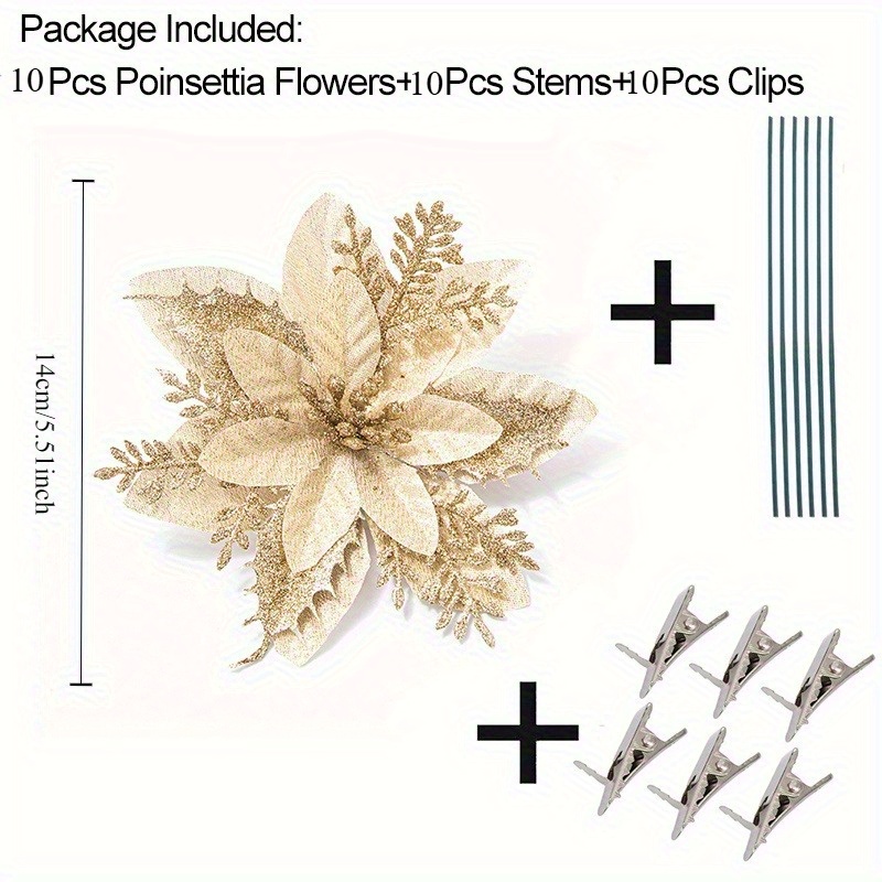 TEMU 30pcs Christmas Flowers With Clips And Stems - Perfect For Tree Ornaments, Weddings, And Home Holiday Decorations (10 Flowers + 10 Clips + 10