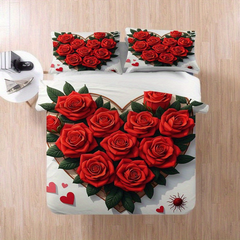 3pcs red   pattern bedding   design,   theme duvet   with pillowcases, soft microfiber fabric for master bedroom home decor, valentine s day wedding gift 1 duvet  +2 pillowcases, home decoration, bedroom decor,  , romantic decor, durable material, comfortable fabric, decorative bedding, pillowcase set,  , couples gift Product details 5