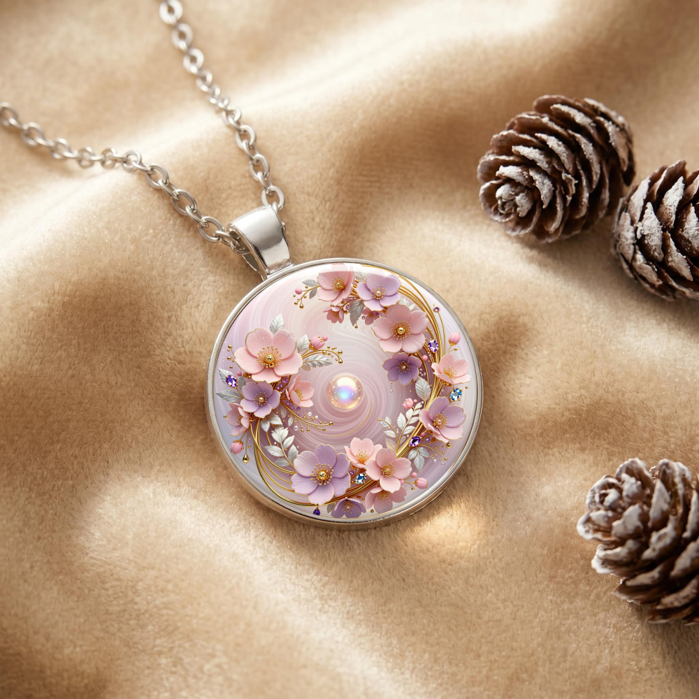 2D Floral Pattern Round Glass Alloy Pendant Necklace, Unisex