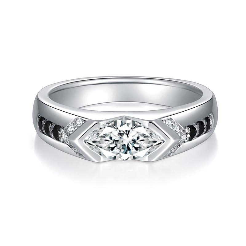 Elegant 5x10mm Black and White Moissanite Ring, 18k Golden Plated