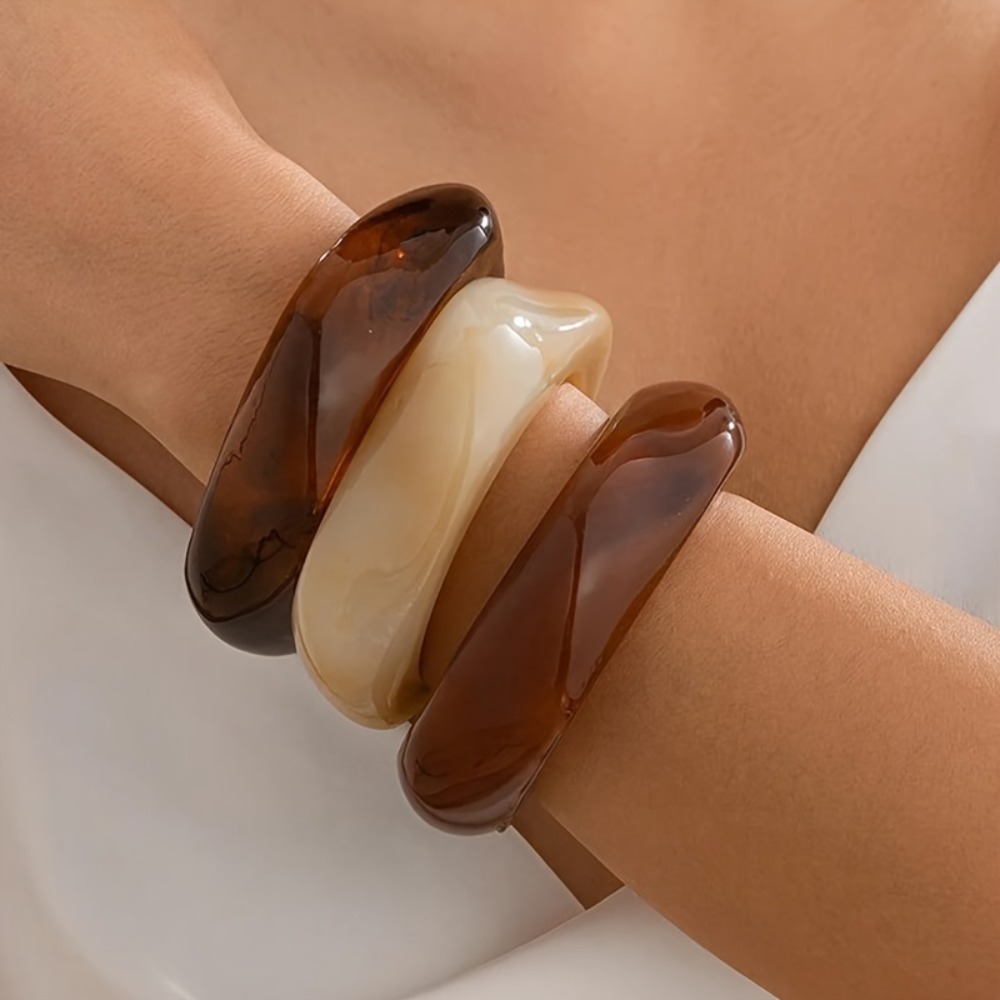 TEMU 3/set Fashion Handmade Bohemian Style Acrylic Women's Bracelet - Irregular Round Bracelet Suitable For Casual Wear