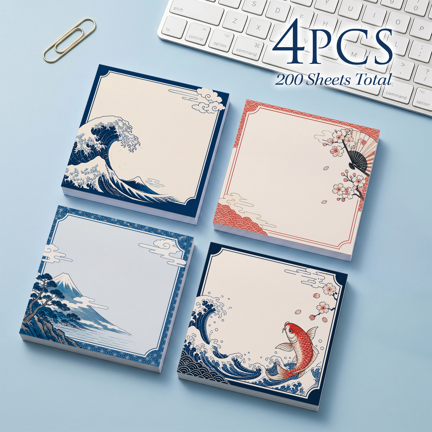 TEMU Lot de 4 blocs-notes adhésifs de style japonais pour agenda, journal - Blocs-mémo adhésifs Koï, 200 feuilles au total avec adhésif amovible,