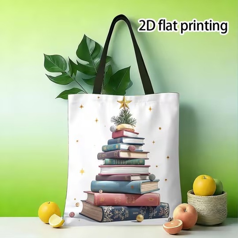 TEMU 1pc [tote Bag] Large Capacity Book And Christmas Tree Print Tote Bag, Suitable For Shopping, Outdoor Travel, Daily , And Street Style, Modern