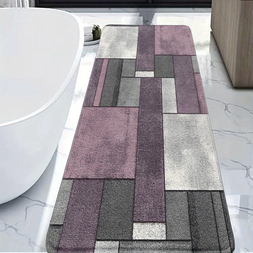 TEMU 1pc Modern Geometric Color-block Bath Rug - Plush Cashmere With Tpr Non-slip Backing, 1cm Thick Machine Washable Lightweight Bathroom Mat For