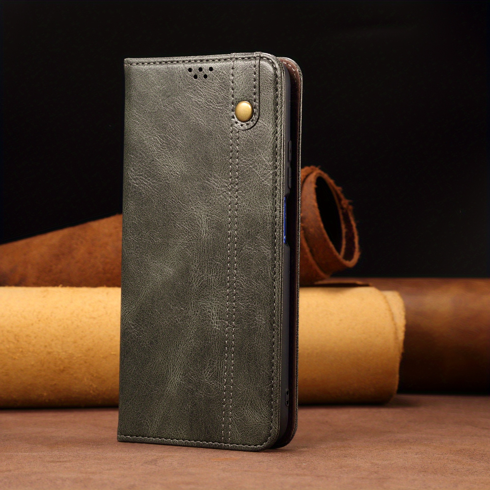 TEMU Oil Wax Textured Casual Phone Case Features 2 Card Slots And Compartment. It Has A Double-fold With Magnetic Closure, A Simple Yet Elegant Look.