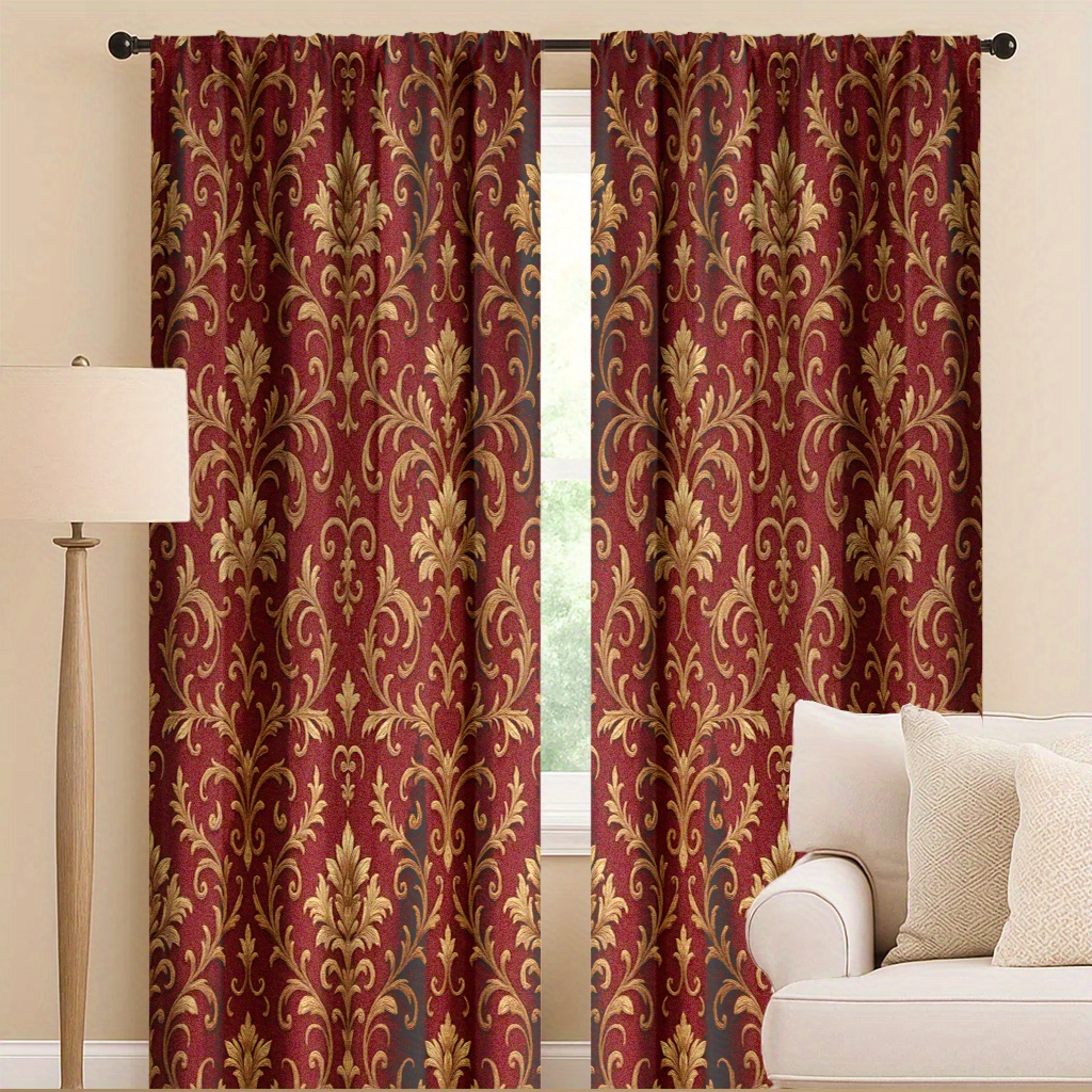 TEMU 2d Flat - 2d Flat - 2d Flat - Set Of 2 Stylish Burgundy And Golden Damask Blackout Drapes - 2d Flat Washable Polyester, Rod For Dining Area,