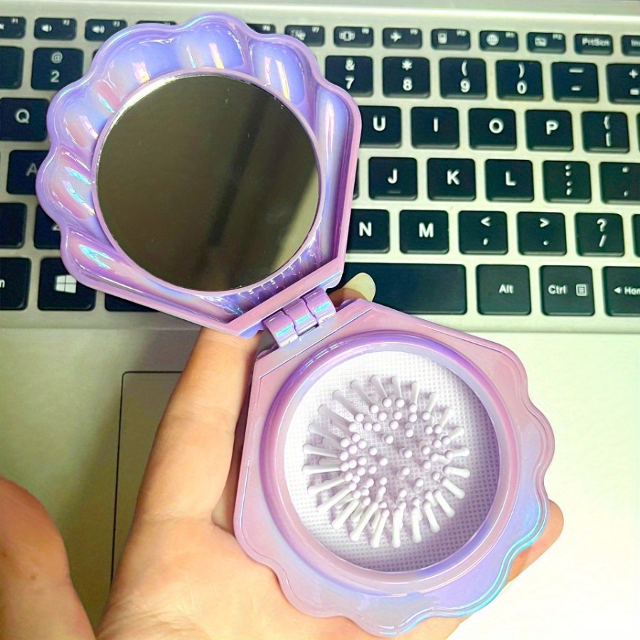 Image of 1pc A Shell-shaped Airbag Comb In Purple Electroplating, Featuring A Stylish Design And A Mirror. Perfect For All Hair Types, Portable, And , Making It A Great Gift Option