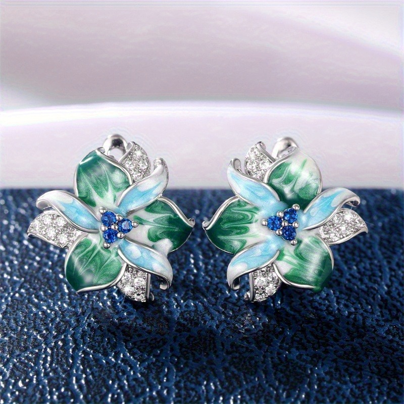 E-shop Luxuriöse, elegante Emaille-Verzierung, blaue Zirkonia, große florale Ohrringe mit Schleife für Damen, für Frühlings- und Sommerbankette,