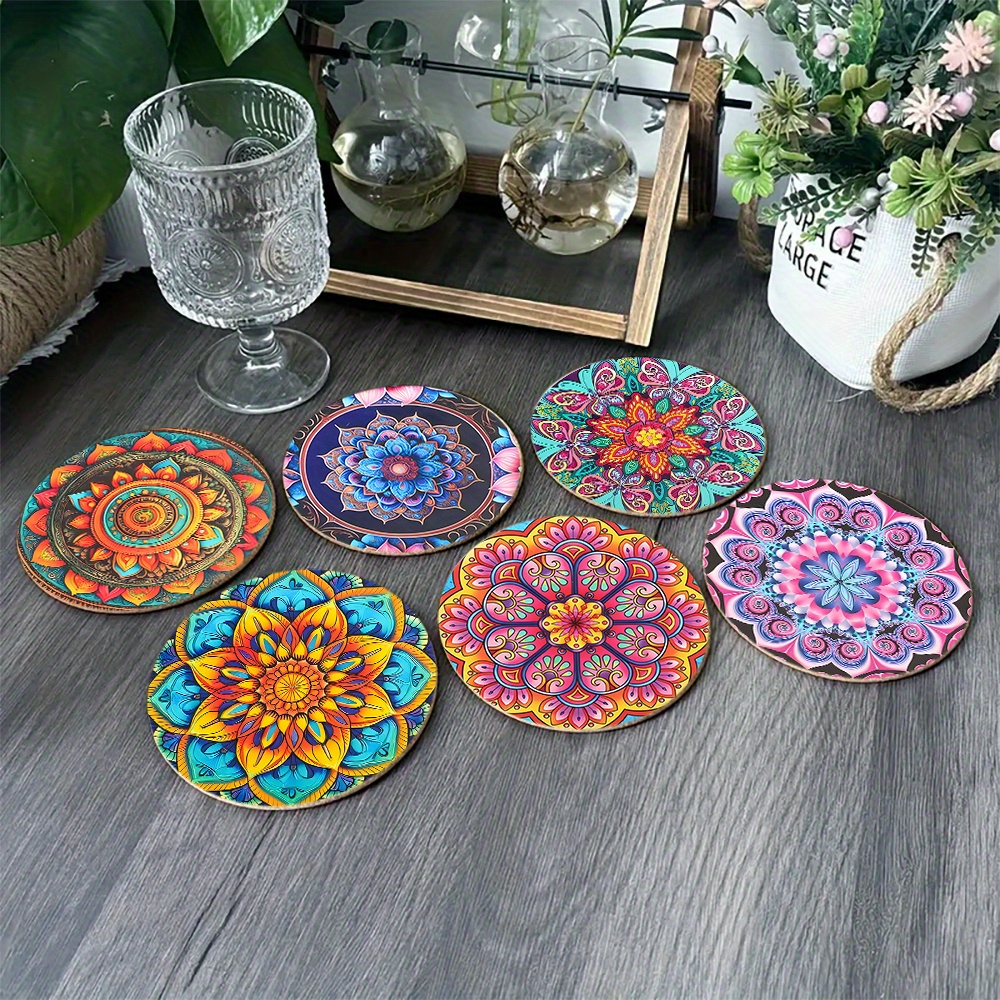 TEMU 6pcs 2d Flat Colorful Wooden Coasters, Suitable For Office, Home Decor And , Heat Resistant, Can Hold Drinks, Tea, Coffee, For Holiday Gifts And
