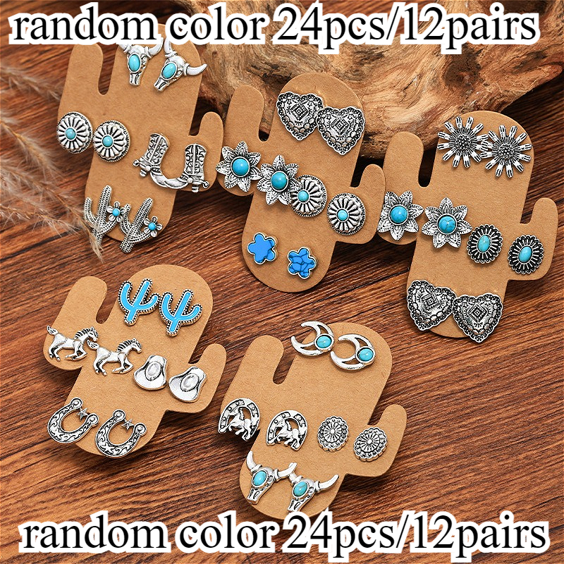 TEMU 24pcs/12pairs Western-style Earring Set | Retro Ethnic Cowboy Headband, Horseshoe Cactus Heart-shaped Cowboy Boot Earrings, Fashionable Random
