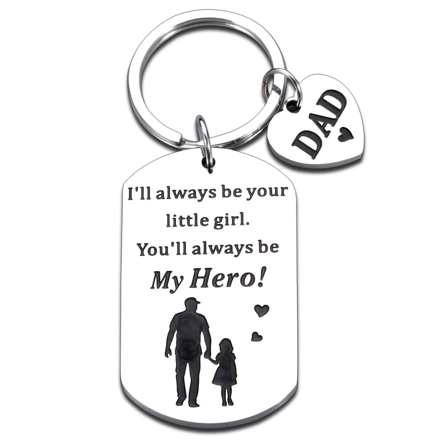 TEMU 1pc Stainless Tag Keychain With Heart Charm, Engraved " Be Your Little Girl. Be My Hero!", Father's Day Birthday Gift From Daughter To Dad,