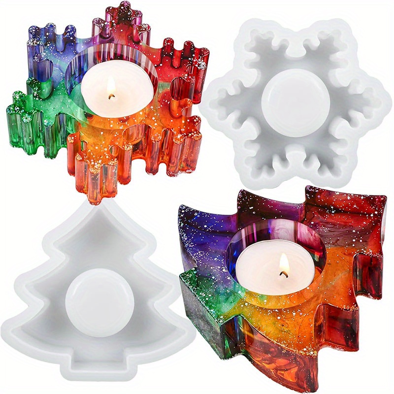 Image of 2pcs Christmas Resin Molds Snowflake Tree Candle Holder Silicone Resin Mold, 3d Christmas Epoxy Casting Mold, Diy Tealight Votive Jewelry Trinket Holder For Table Centerpiece Home Decoration
