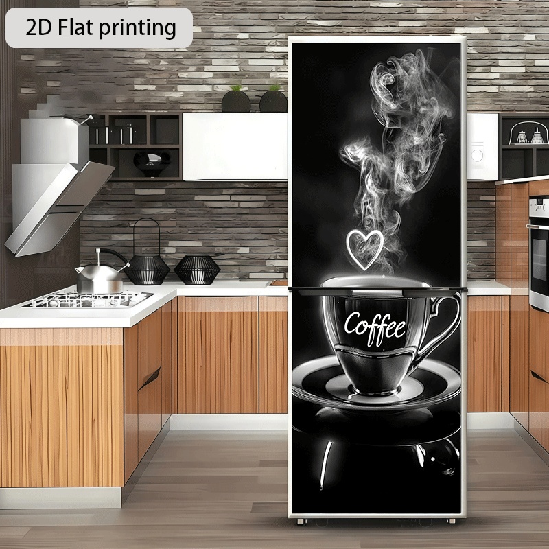 Image of 2d Flat Printing 1pc Refrigerator Sticker 60×180cm "coffee And Hearts" Theme Design Wall Decal Self-adhesive Wallpaper Suitable For Cabinets And Wardrobes, Modern Kitchen Decor Home Sticker, 2d Flat