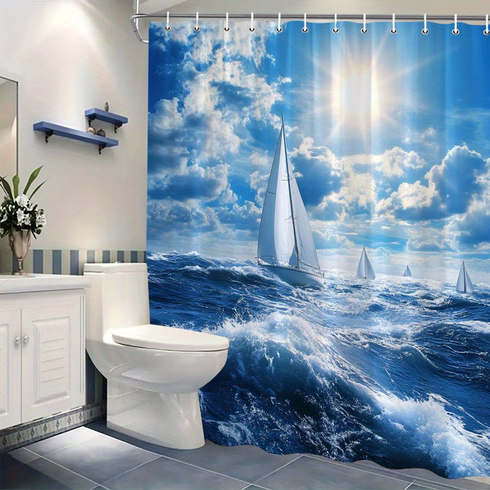 Nautical Sailing Bath Curtain with Hooks