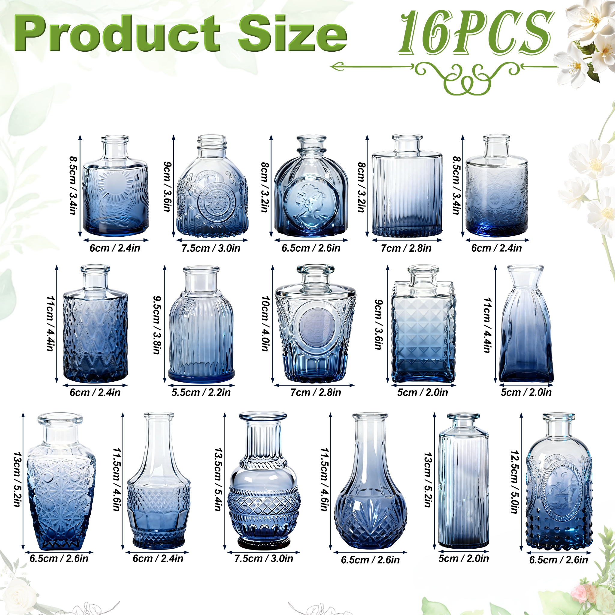 16pcs Set Glass Vase & Candle Holder Decorative Bottle With Embossed Pattern, Elegant Style For Living Room, Bedroom, Wedding Decoration