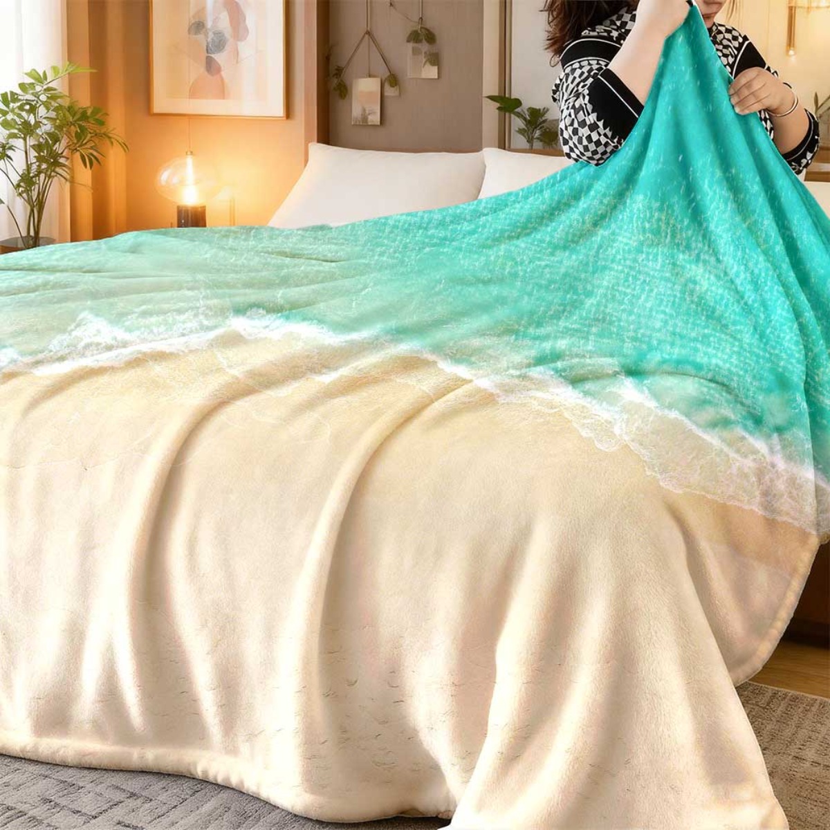   de felpa   con temática de playa 2026,   cara con diseño de agua     y   del  , impresión digital   para    , ideal para sofá, cama o regalo,   de playa, accesorio para sofá