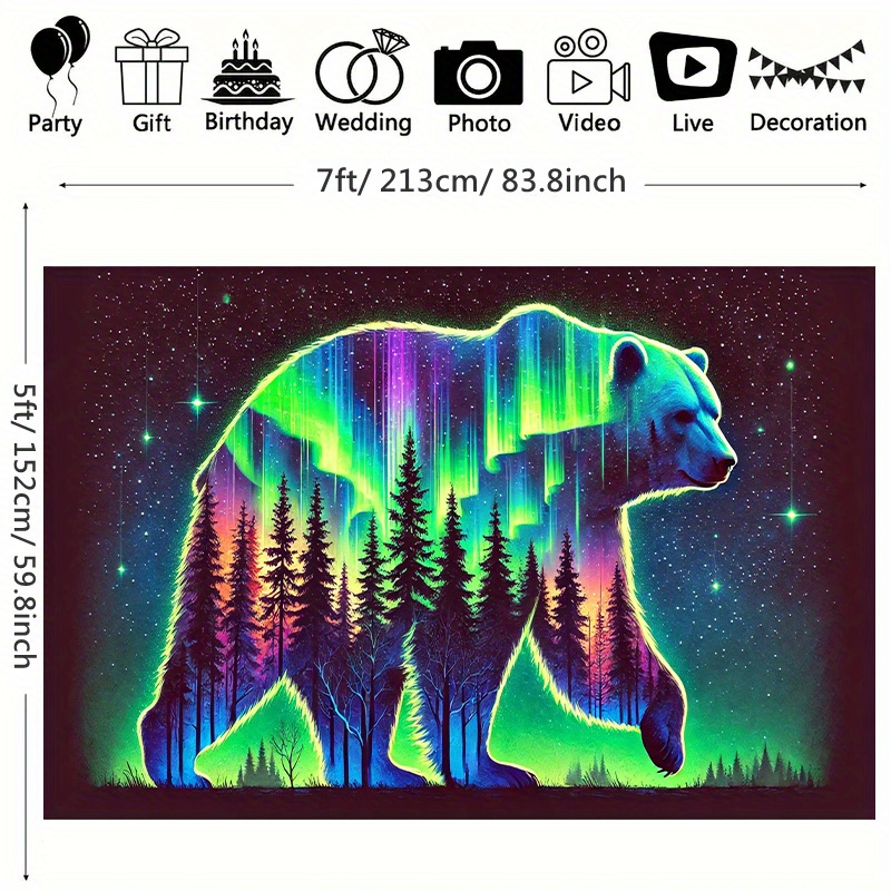 TEMU 1pc Northern Lights Bear Polyester Backdrop - Vibrant Forest And Starry , Ideal For Birthday Parties, Anniversaries, Weddings, And Photo Booths - Durable, No Power Required, Wall Hanging Decor