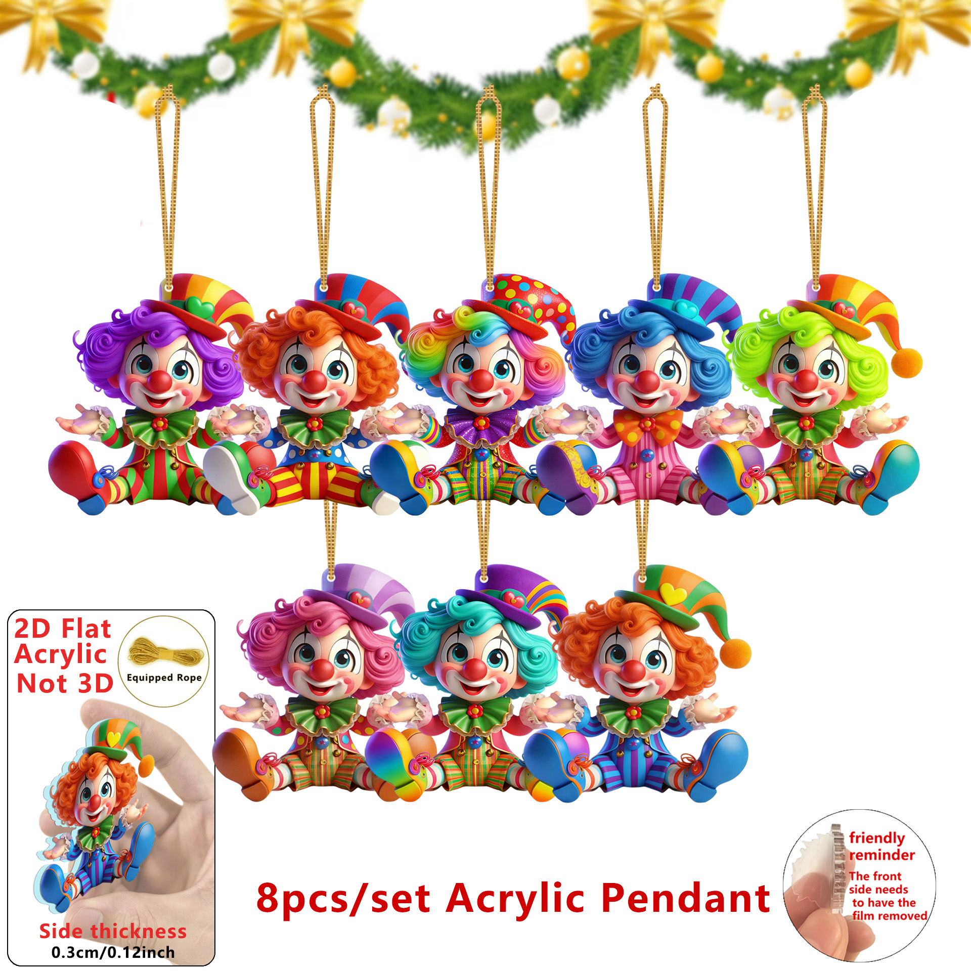 TEMU 2d Flat - [2d Flat] Set Of 8 Colorful Acrylic Clown Pendants For 2d Decoration, Perfect For Home, Office, Classroom, And , Simulated Tree