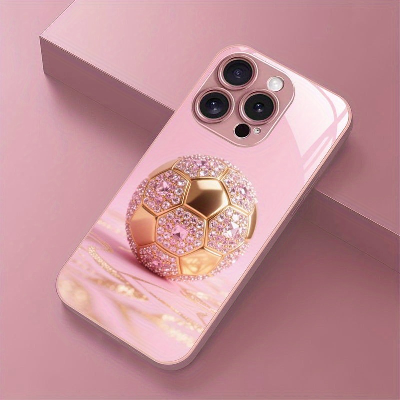 TEMU Phone Case: Luxury Football Artwork Design Pattern Niche Pink Metallic Paint Phone Case, Suitable For Iphone 16/16 Pro/16 Plus/16 Pro Max/16e/