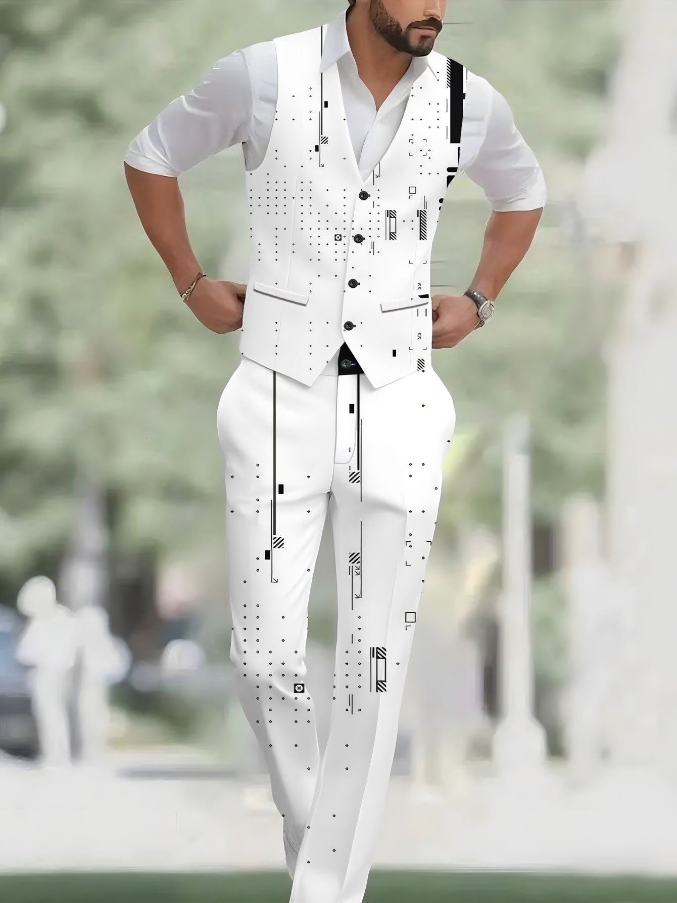 Men S Stylish 2pcs Vest + Trousers Suit with Black and White Abstract Geometric Pattern, Casual   Print Suit Vest and Pants Set for Classic Banquet, Wedding, Party Wear