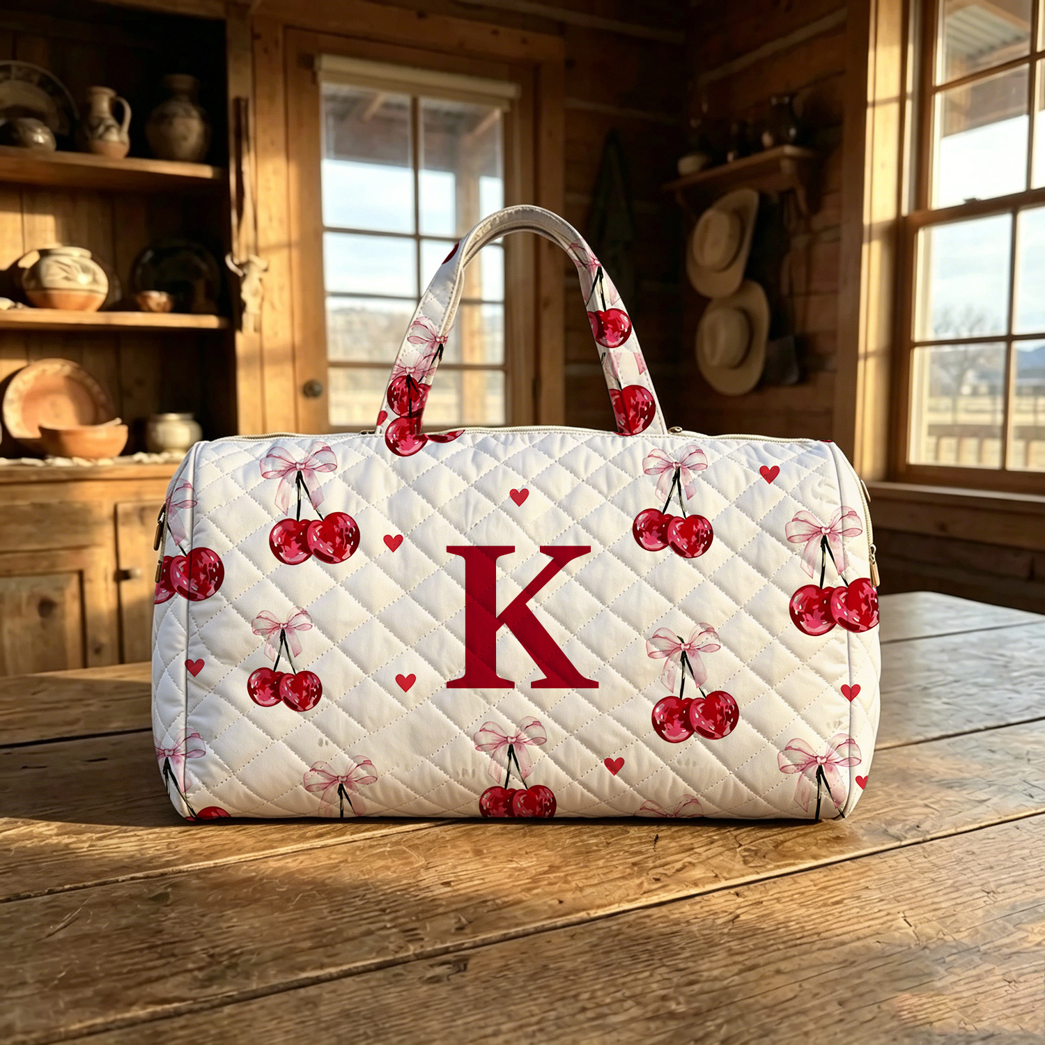 TEMU Women's Quilted Large Capacity Weekender Duffel Bag, Coquette Bow Letter Y Print Travel Tote, Soft Lightweight Spacious With Zipper And Sturdy