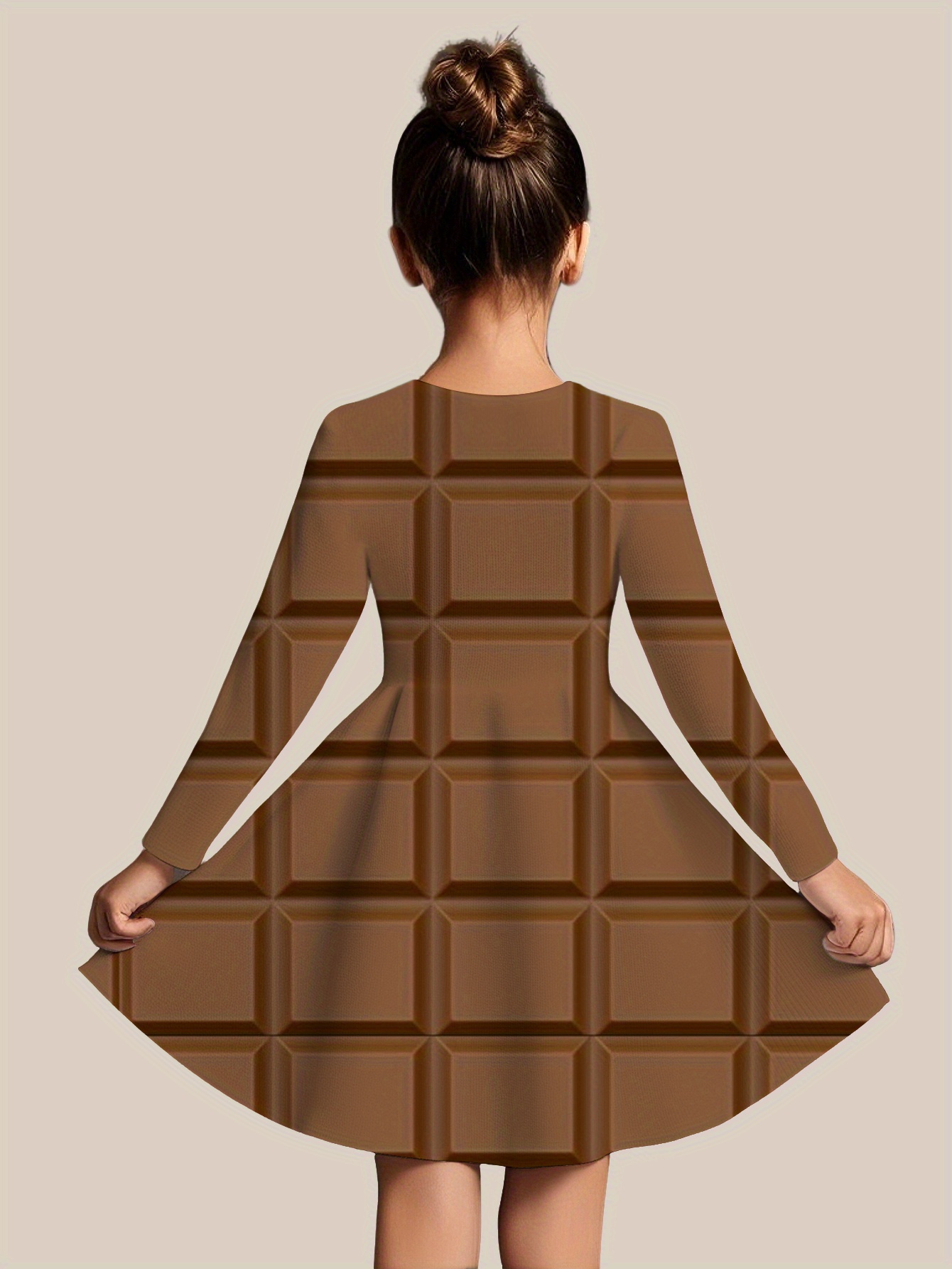 full print   spring autumn style clothing gift chocolate square little girl holiday cute present long sleeve dress random print outdoor sports casual