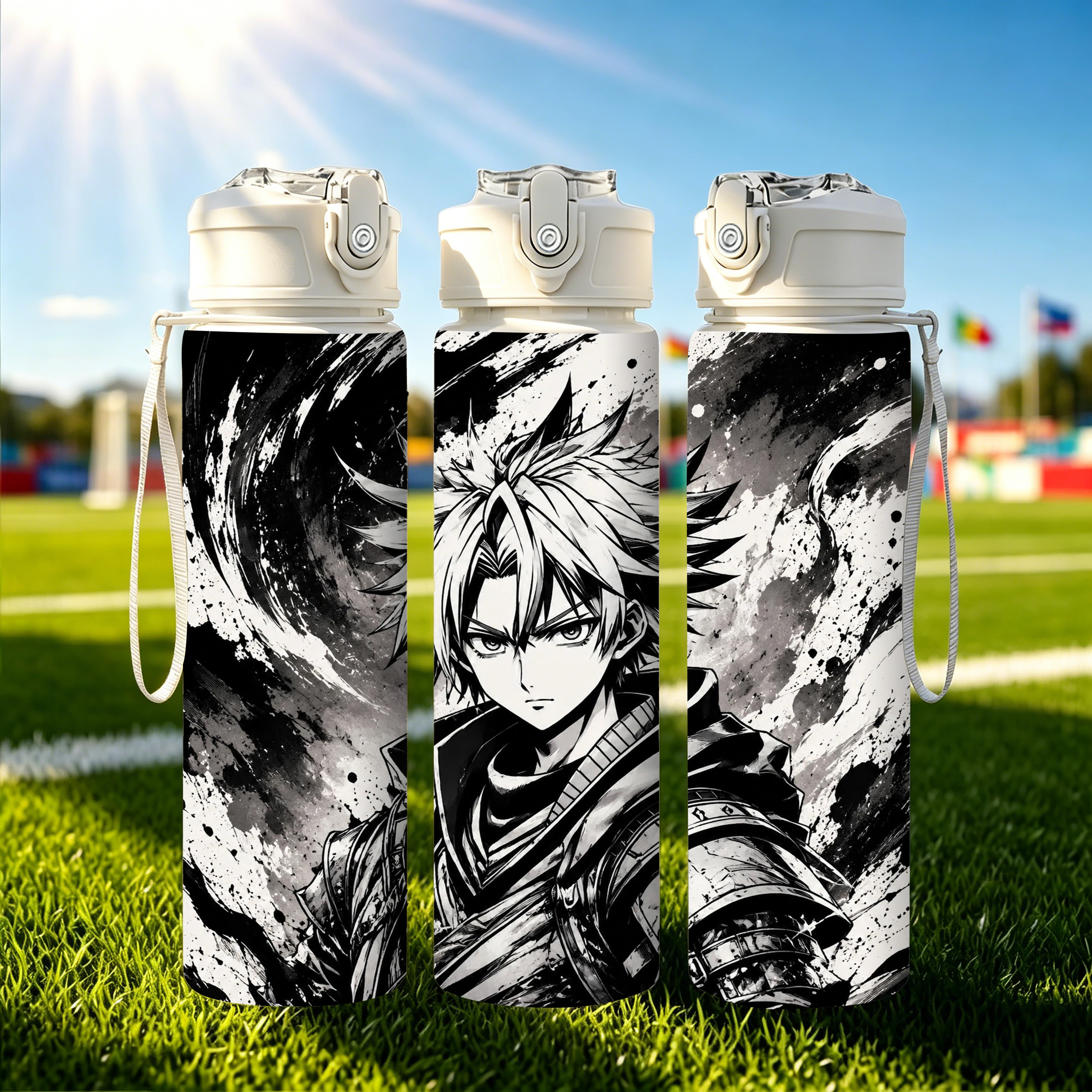 TEMU 1pc Black And White Sharp Art Printed Pattern, 750ml/26oz Plastic Sports Water Bottle, Cute Printed Design, Leak-proof With Pop-up Lid,