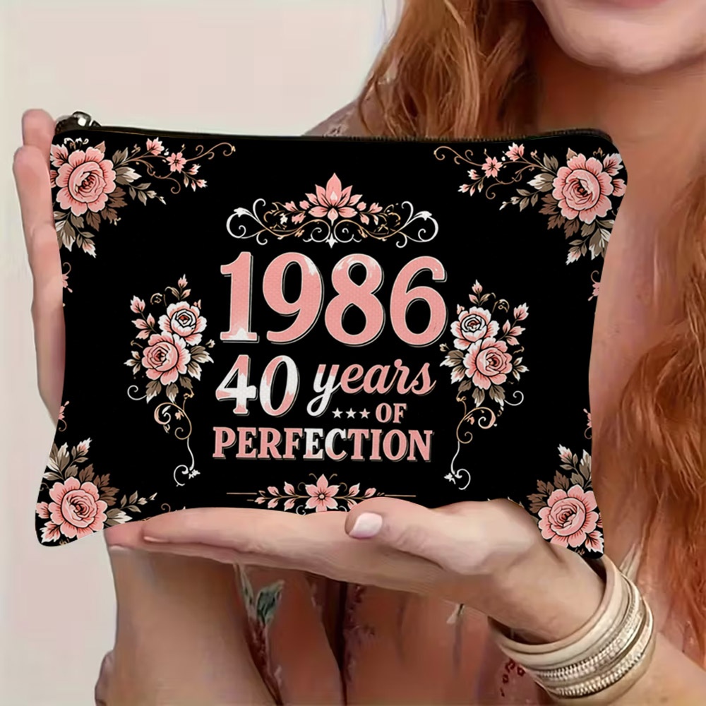 TEMU Trousse de maquillage et de rangement rétro sur le thème de 1986 pour tous les groupes d'âge - Motif de roses roses sur fond noir avec le slogan