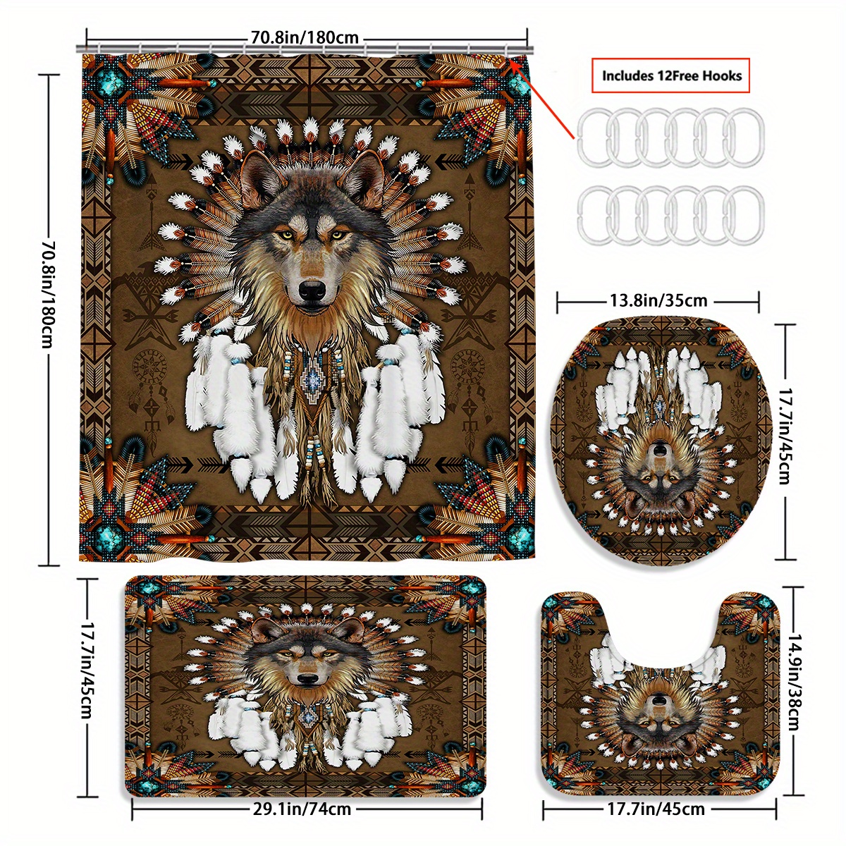 TEMU 4pcs Wolf Shower Curtain Decoration, Beautiful Disguised Gift Decoration, Waterproof Shower Curtain And Bathroom Mat Three-piece Set, 12 Shower Curtain Hooks