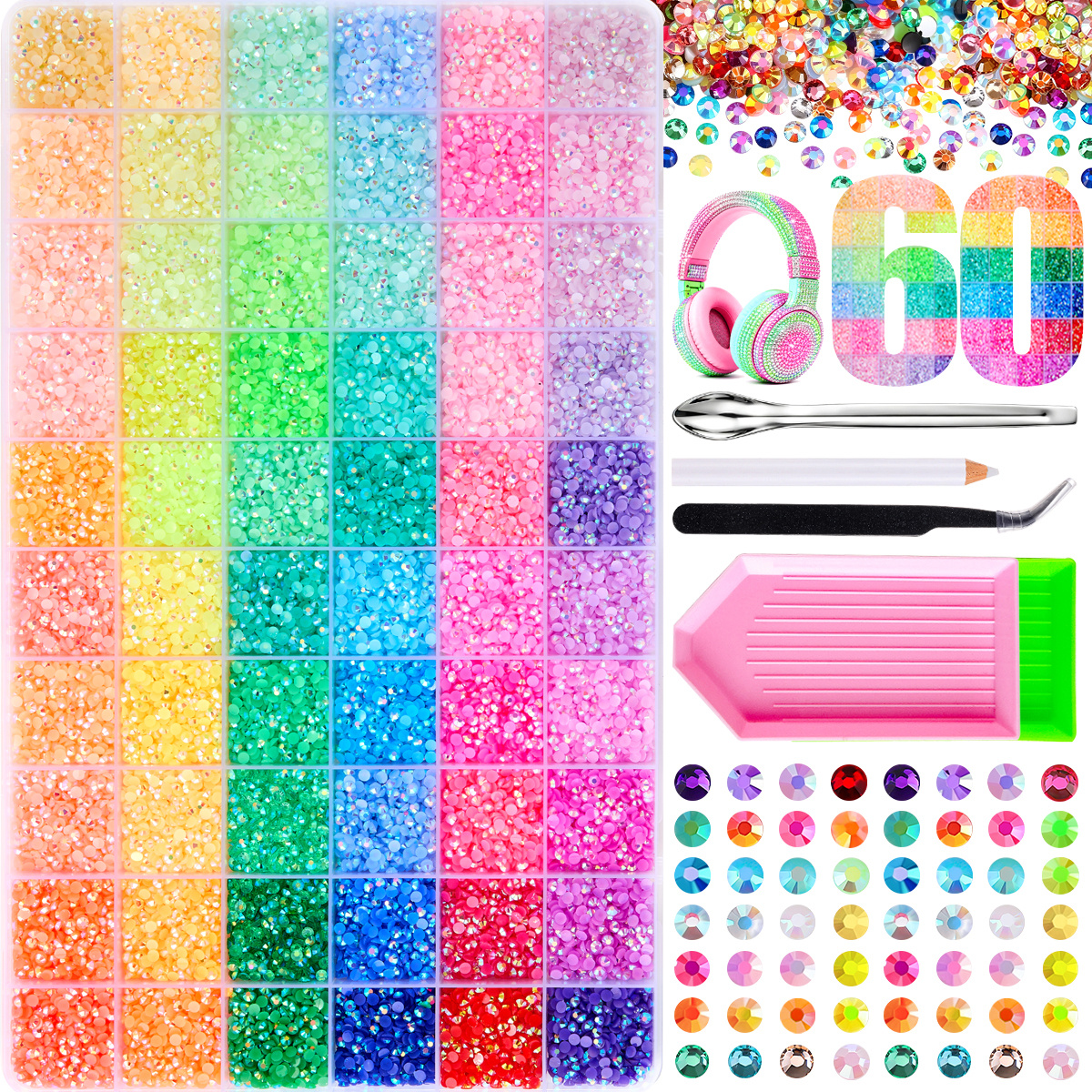 TEMU Tens de milliers d'ensembles de en strass, 60 grilles de de résine plates transparents multicolores brillants, strass ronds SS12 de 3 mm, avec