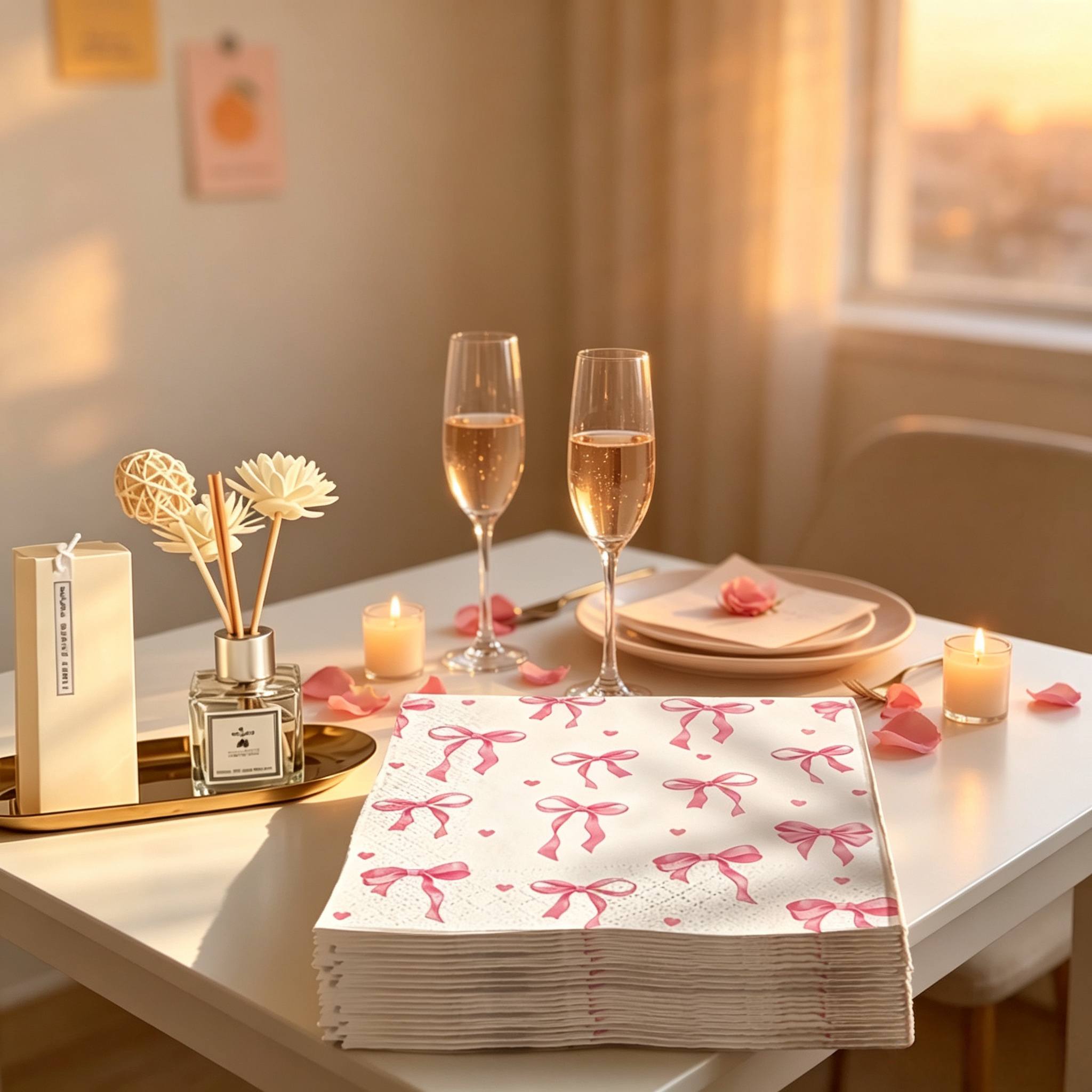 TEMU 16pcs Pink Bow Heart-shaped Disposable Napkins, Vintage Ribbon Bow Print Decorative Napkins, Suitable For Elegant Table Decor , Bridal Showers,