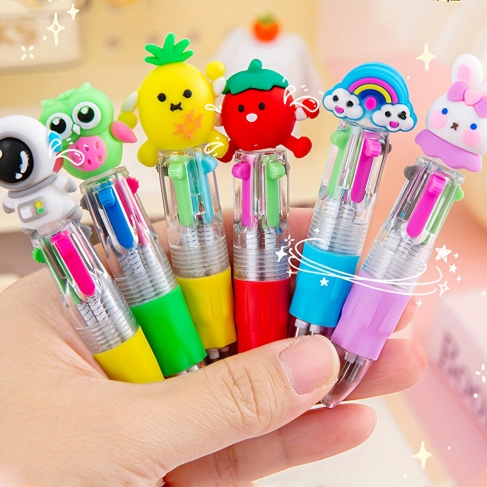 6 20pcs set cute cartoon mini retractable round ballpoint pens 4 in 1 colorful round ballpoint pens medium point oval shape with soft silicone grip suitable for school study supplies prizes and gifts Product details 3