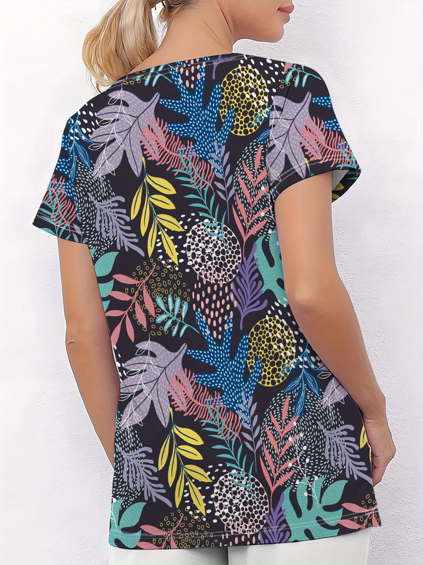  taille -   taille - uniforme dinfirmière pour femmes, t-shirt imprimé motif tropical  , lavable en machine,   et élastique, t-shirt décontracté et confortable à col   avec poches, vêtements de mode pour femmes  