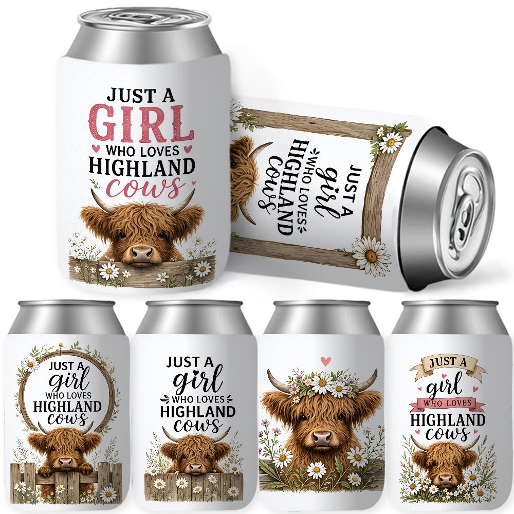 TEMU 6pcs Party Insulated Can Coolers, Non-food Contact, Just A Who Highland Cows Daisy Durable Neoprene Insulated Can Coolers Drink Insulation