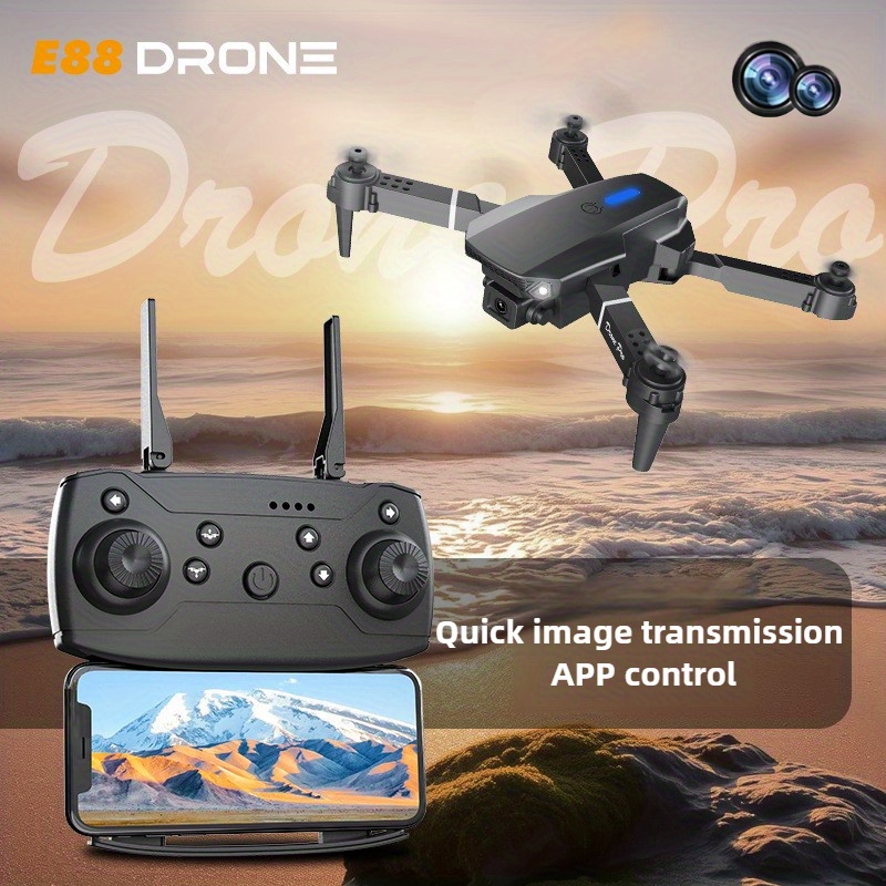 Dron E88 con cámara dual, colores blanco y negro, con Wi-Fi y control remoto, juguete volador para interiores, ideal para principiantes, cuadricóptero para fotografía aérea - Regalo perfecto para Navidad y Año Nuevo