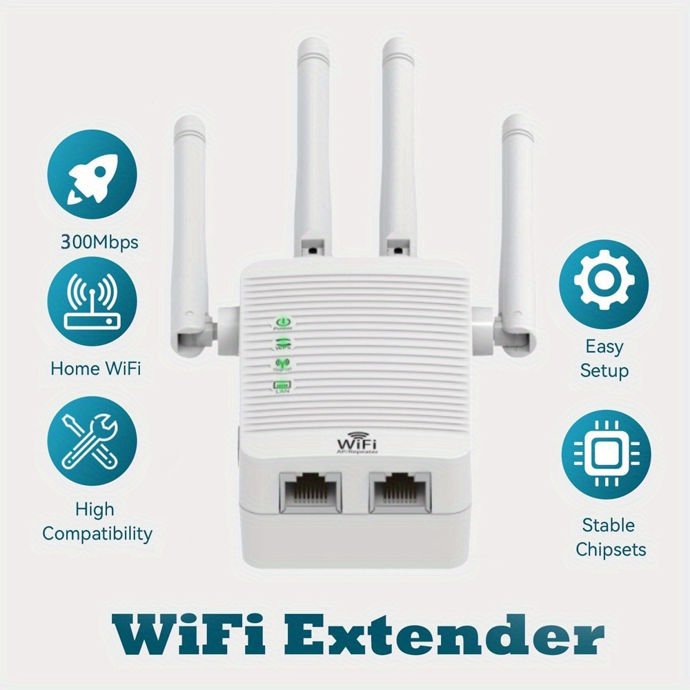 WiFi Range Extender Signal Booster, 300Mbps Wifi Extender for Home, Up to 8500 Sq. Ft Coverage, Supports 105 Devices, 4 External Antennas, Ethernet Port, WiFi Extender for Home & Office Use