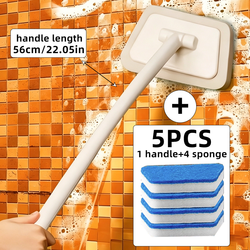 TEMU Ensemble de brosses de nettoyage multifonctionnelles pour salle de bain avec 4 têtes amovibles, manche long, outil de nettoyage , ensemble de
