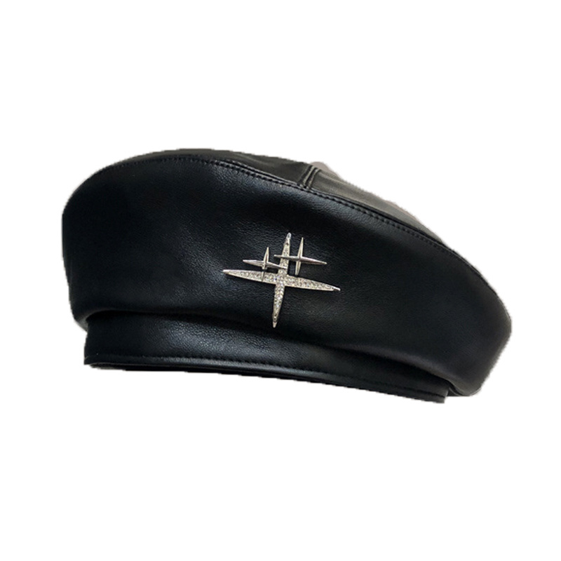 TEMU Pu Beret Cap For - Retro Octagonal Beret Hat With Small Painting Design, Lightweight Pu Suitable For Daily Wear, Street Style, Autumn , Vintage