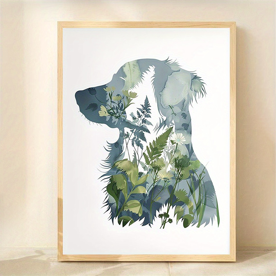 TEMU 1pc Duck Tolling Retriever Silhouette Canvas Wall Art - 12x16 Inch Unframed Nature-inspired Dog Portrait With Botanical Foliage, Watercolor