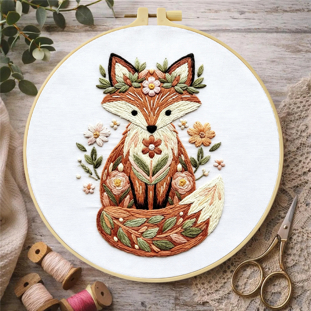 Fox Autumn Fall Pattern Handmade Embroidery Kit