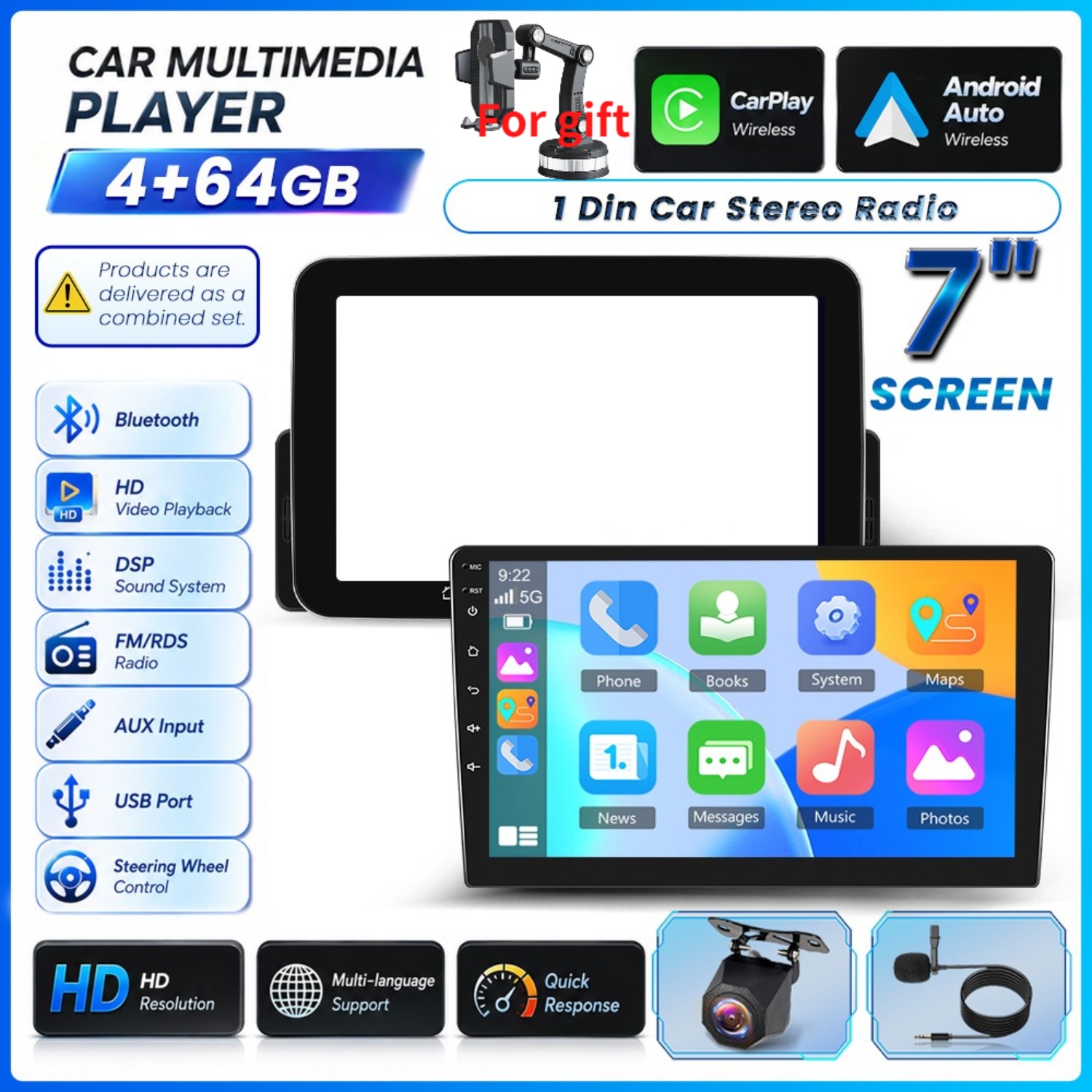 Podofo 4+64gb 15 Carplay Car Stereo, 7-inch Ips Touchscreen, Featuring Auto, , Ai Dsp, Rds, Wifi, Double Usb Interface, Control Support, With Canbus And Camera And Anti-shake Bracket