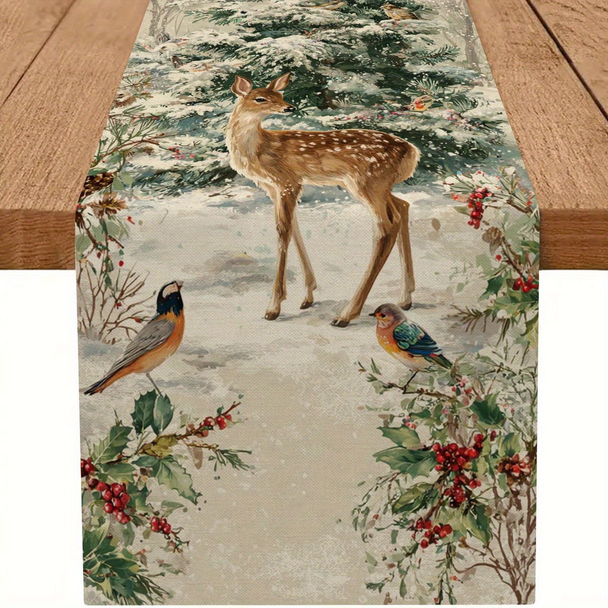 Image of 1pc Of Christmas Tablecloth Featuring A 2d Print Pattern Of , Pine Trees, , And Leaves | Forest And | Conveys A Atmosphere | And Ambiance | Green, White