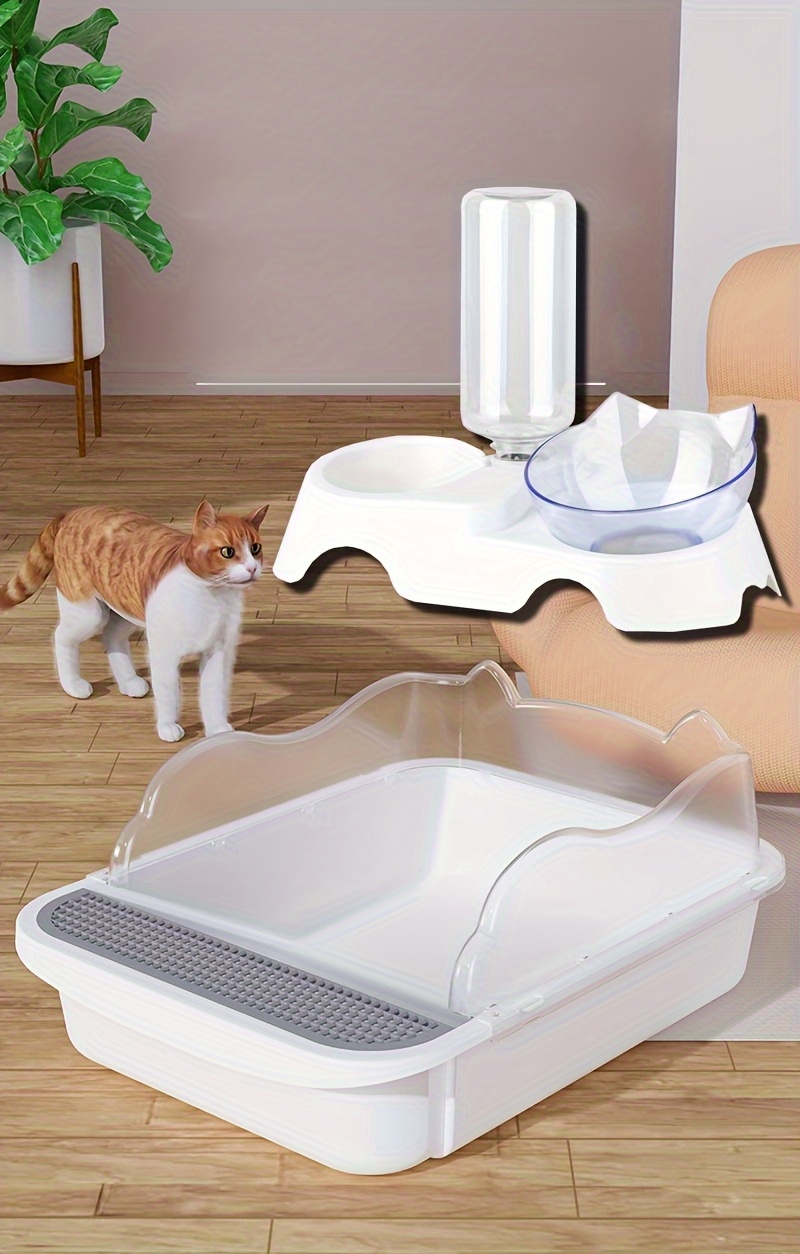3pcs White Cat Care Suit: Durable ABS Slope Cat Litter Box with Automatic Water Adding Function, Includes Cat Litter Scoop and Double PP Drinking Bowls- Suitable for Cats, Cat Care Essentials| Practical Pet Supplies| Easy-to-clean materials